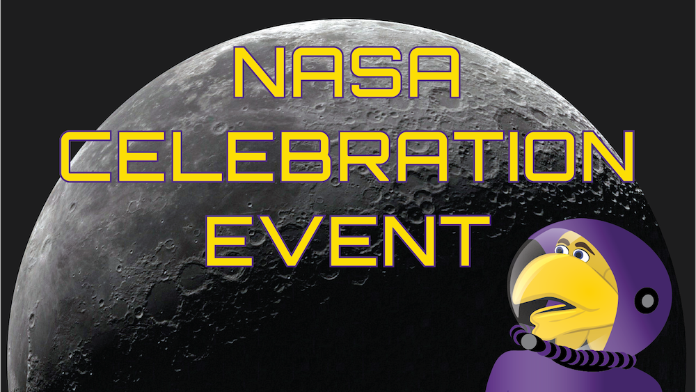 NASA Celebration Event written over an image of the moon and Awesome in a purple space suit