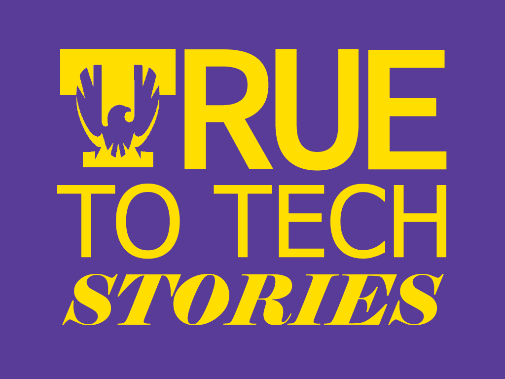 A purple graphic that reads "True To Tech Stories" in yellow font.