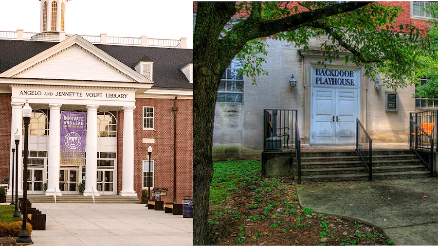 A collage of the Backdoor Playhouse facade and Volpe Library