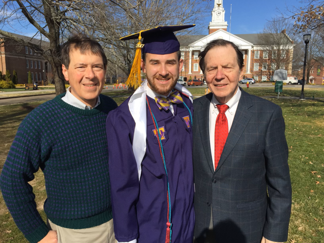 Clarence Shattuck with his son and grandson in front of Derryberry Hall