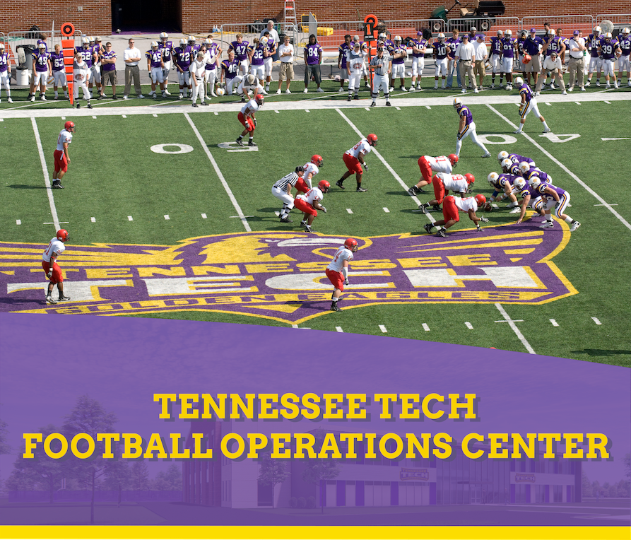 A photo of the Golden Eagle football team on the field. Below is a watermark rendering of the new Football Operations enter overlain by the words "Football Operations Center"