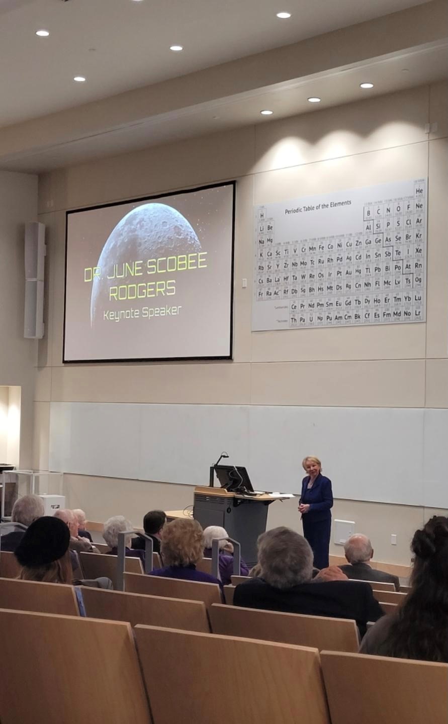 Dr. June Scobee Rodgers speaks in a lecture hall