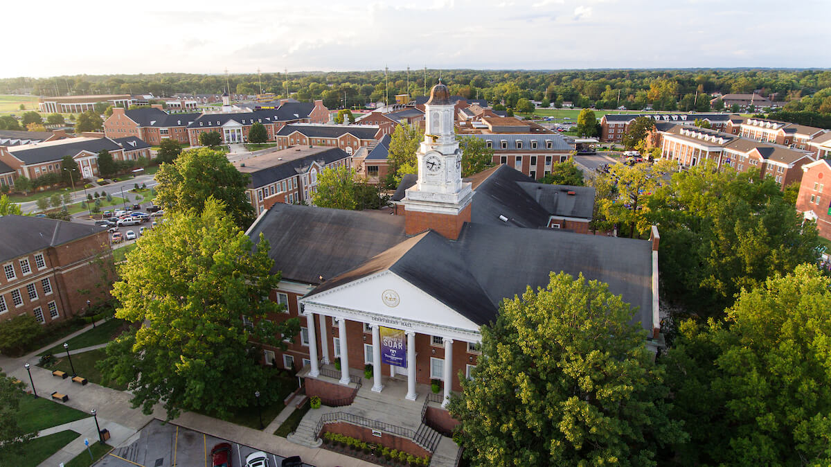 A drone view of the front of Derryberry Hall
