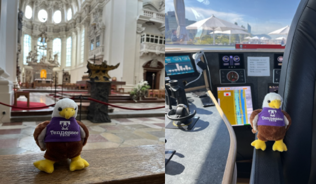 A little stuffed Tech eagle at St. Stephen's Cathedral and on a river ship.