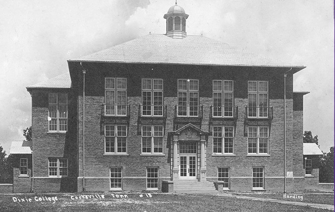 A historic photo of what is now Derryberry Hall when it was Dixie College. The photo is credited Harding Studio.