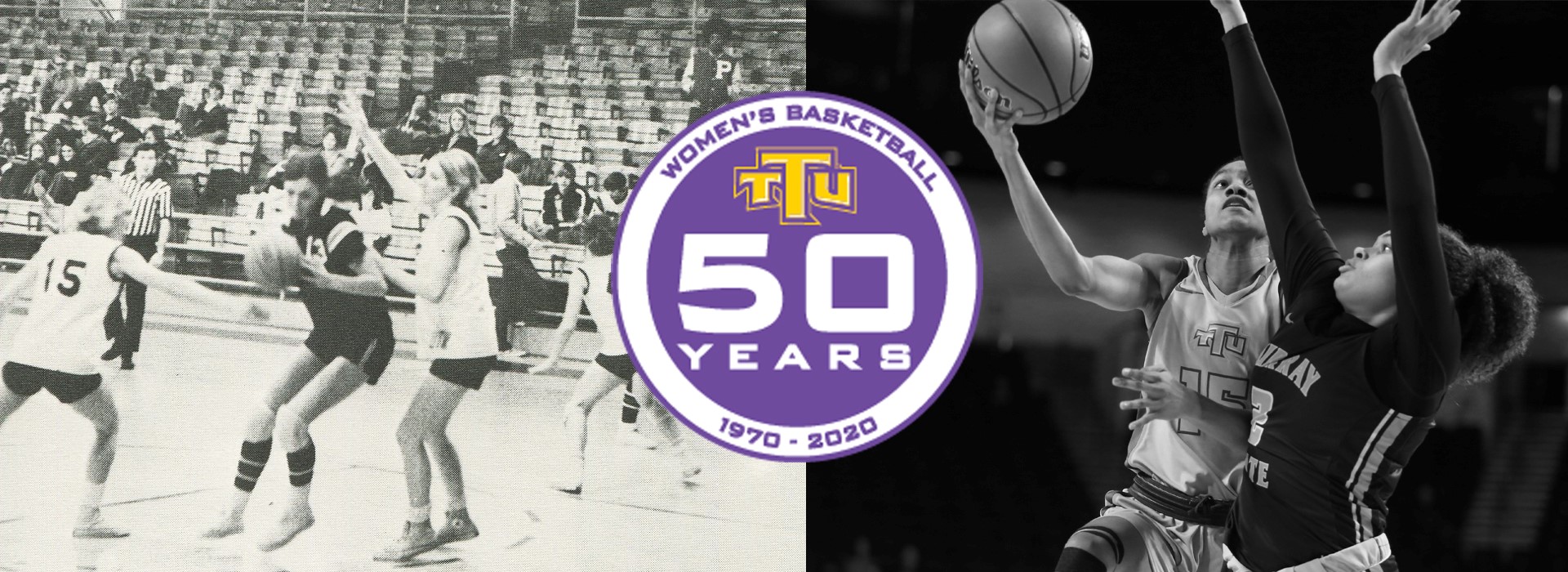A classic photo and modern photo of Tech women's basketball. There is a 50 years logo in the center of the graphic.
