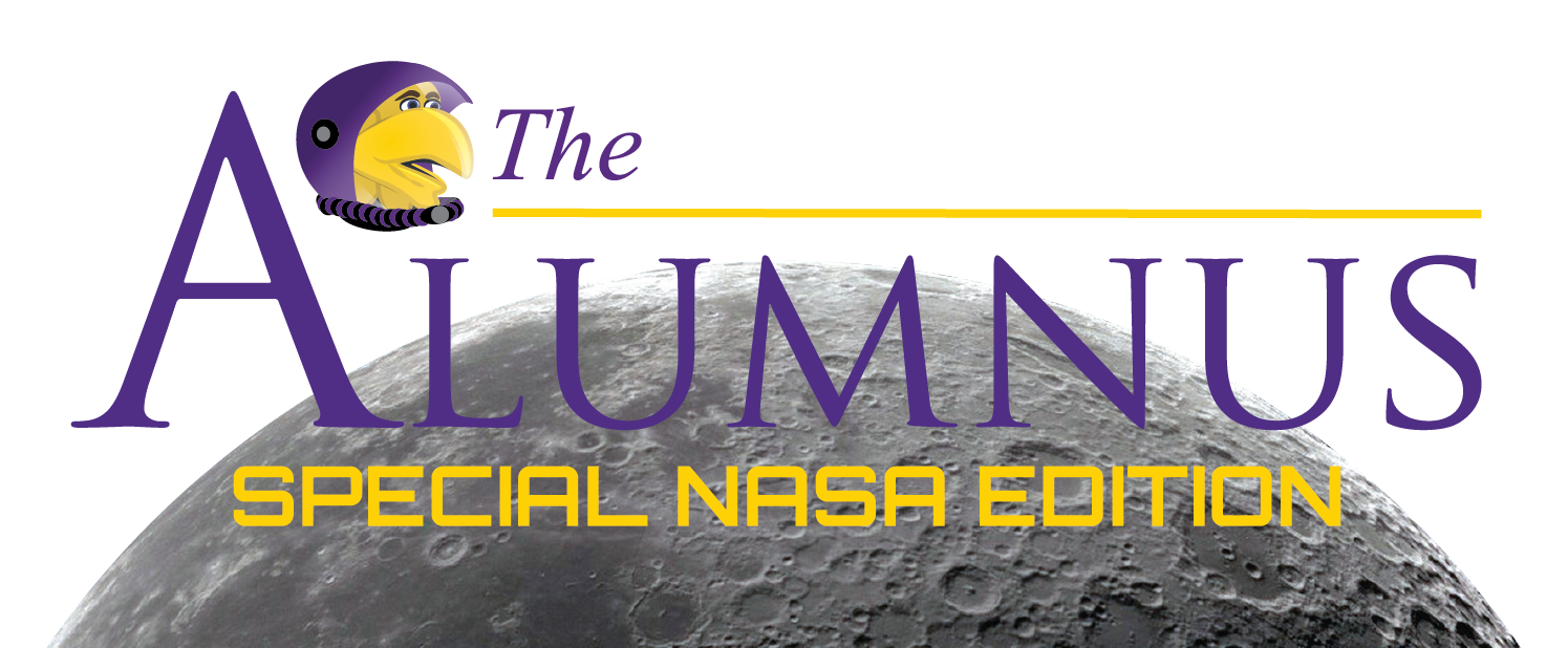 The Alumnus Special NASA Edition with an image of the moon in the background and a cartoon of Awesome Eagle in a space helmet