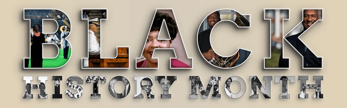 Black History Month Graphic - the letters of the words are filled with photos of students, faculty, and staff