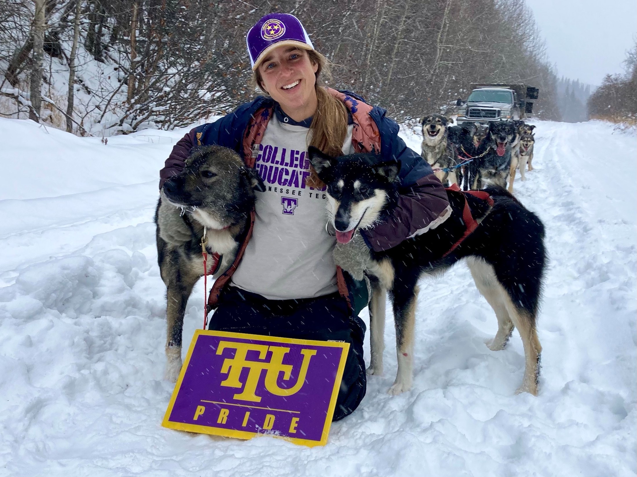 Jennifer LaBar with two of her sled dogs.