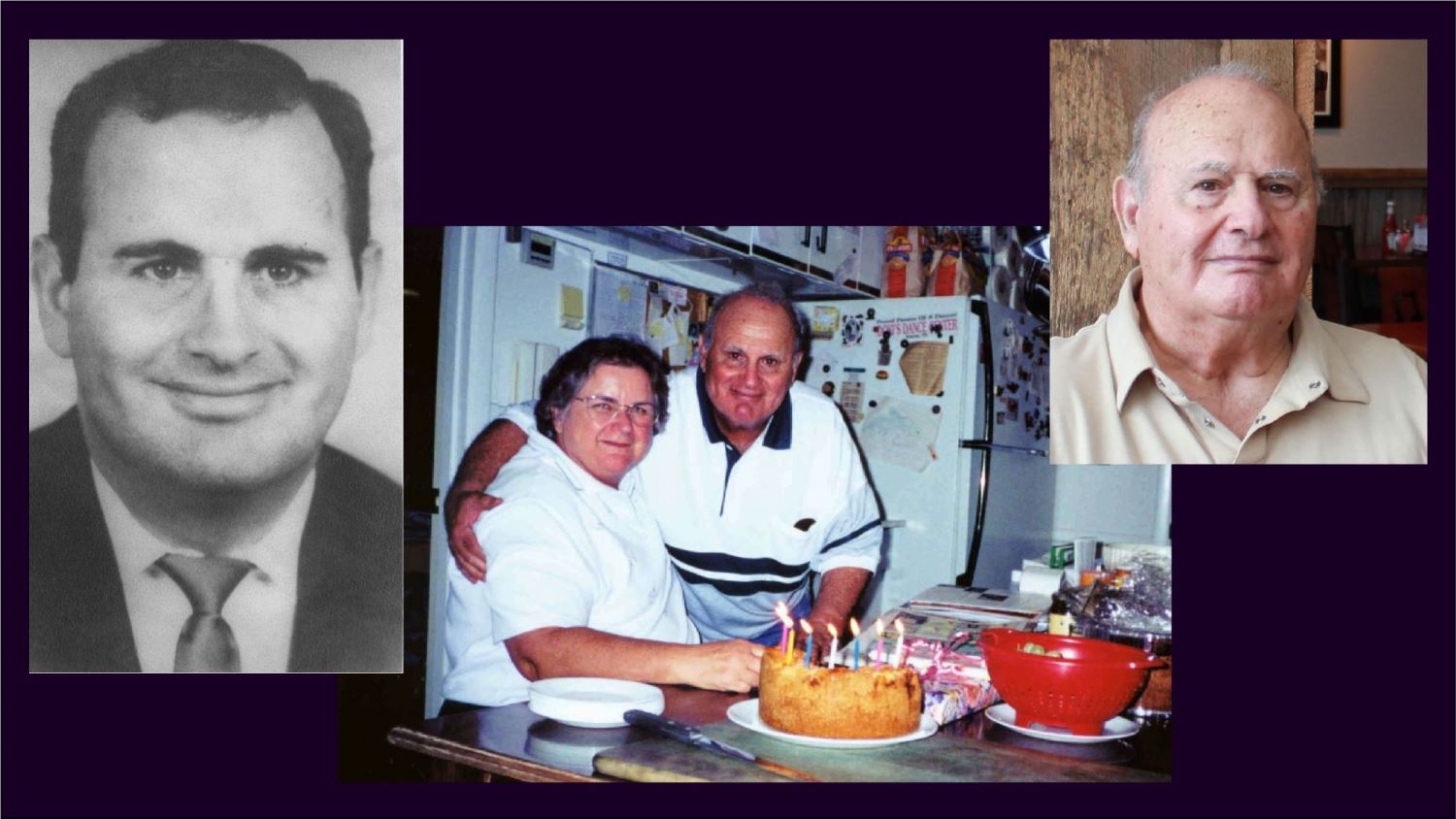  A portrait of Carl Ventrice from the 60s, a snapshot of Marie and Carl with a birthday cake, a portrait of Carl Ventrice from the 2000's