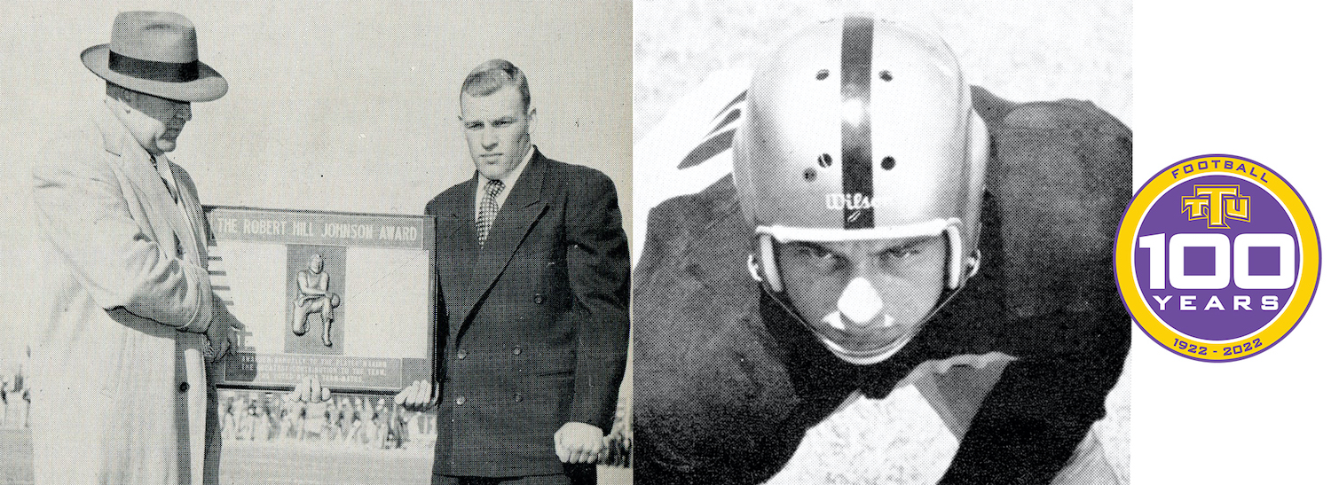 A collage of two gentlemen holding an award in a black and white photo and a man in a football uniform.