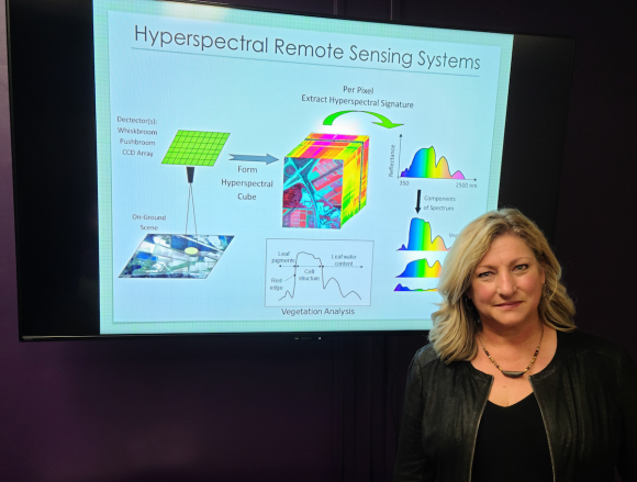 A photo of Provost Lori Bruce in front of a screed displaying graphs and the header "Hyperspectral Remote Sensing Systems"