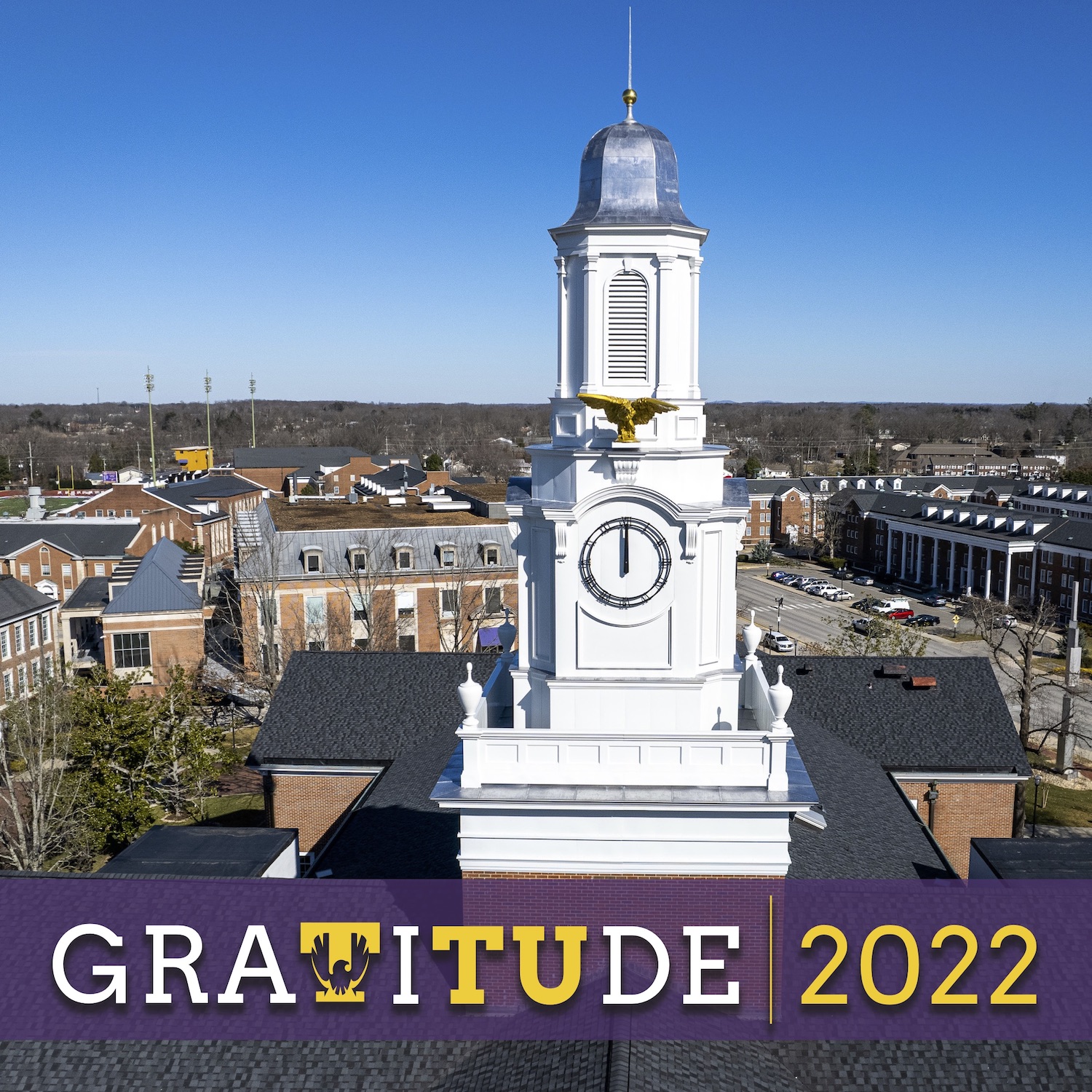 The cover of Gratitude magazine - a drone photo of the cupola of Derryberry Hall