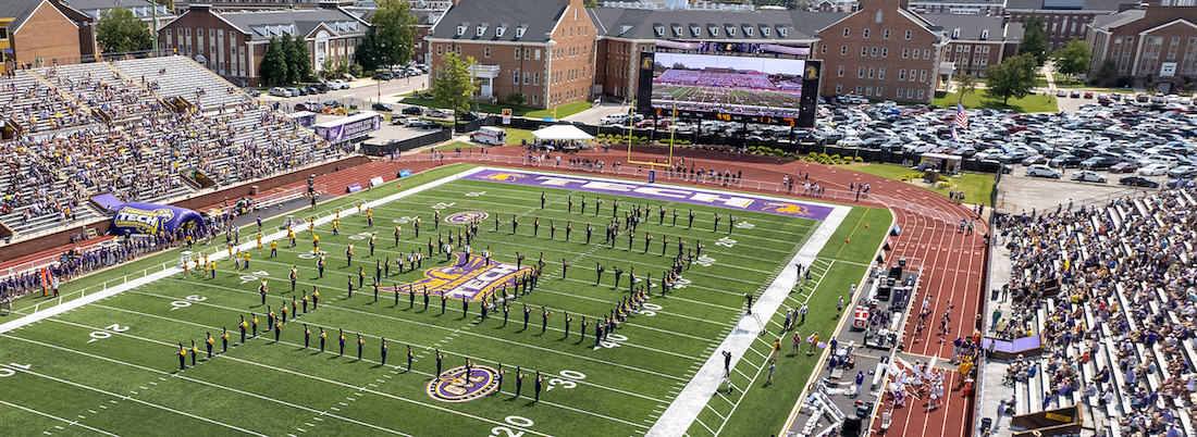 A drone photo of the band on Overall Field