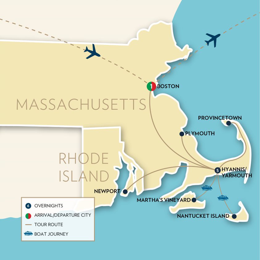 a drawn map of the areas to be visited during the tour - on the peninsula of Massachusetts