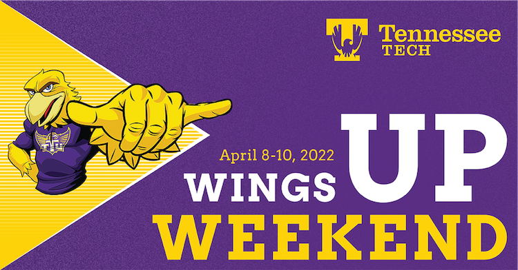 A cartoon of Awesome Eagle and a graphic that reads "Wings Up Weekend - April 8-10, 2022"