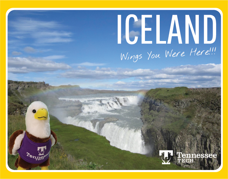 A plush eagle superimposed over a photo of a waterfall in Iceland