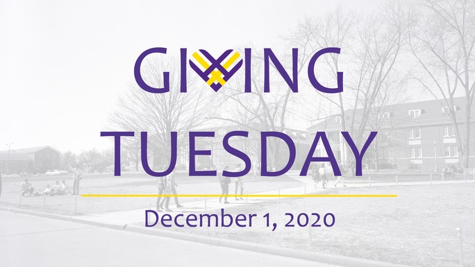 A scene of the Quad from the 60s in faded black and white with the words "Giving Tuesday, December 1, 2020"