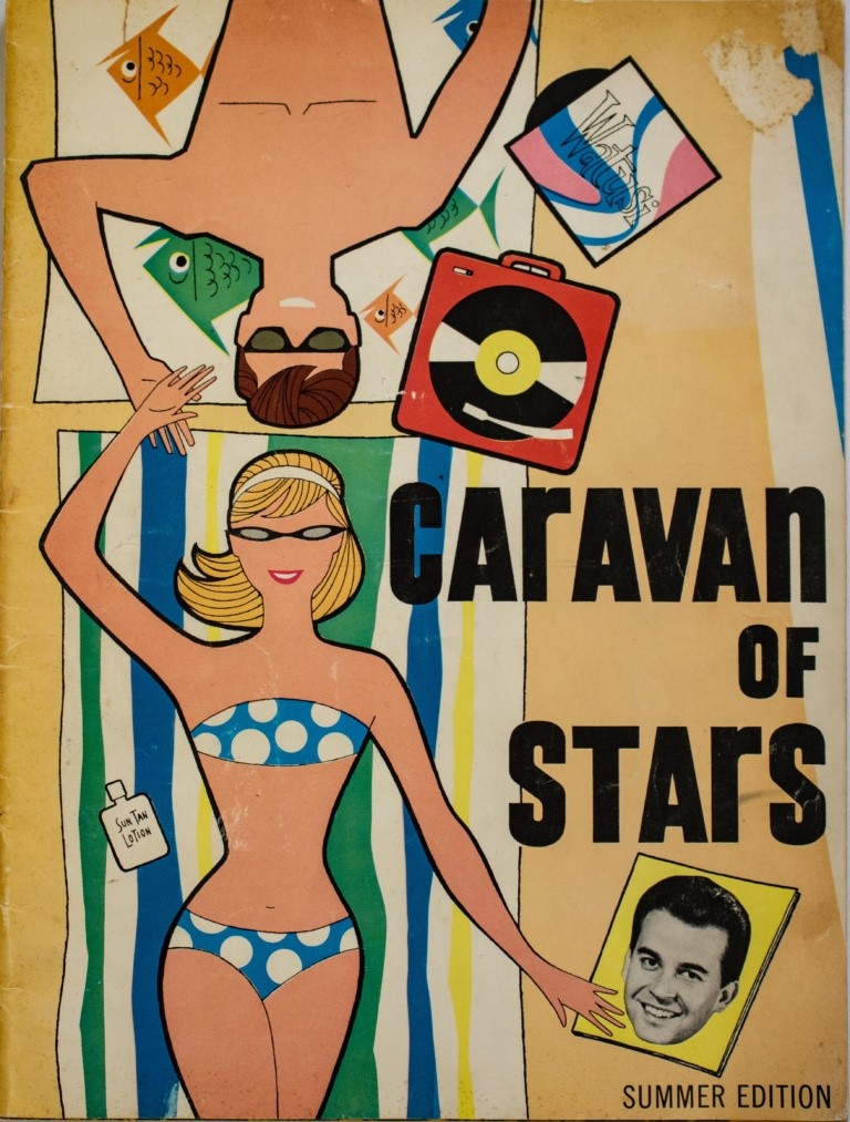 Cartoon program cover of a man and woman laying on towels on the beach that reads Caravan of Stars