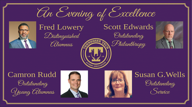 Four portraits of the recipients with their names and the indivdual awards they are being presented with. The graphic reads "an evening of excellence"