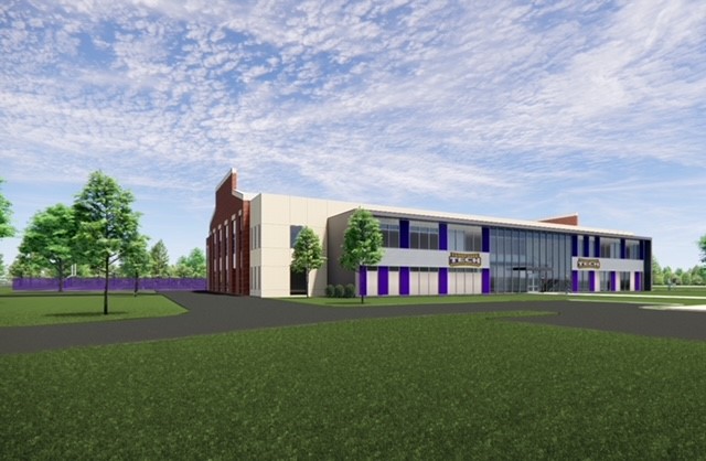 An architectural rendering of the front side of the Football Operations Center.