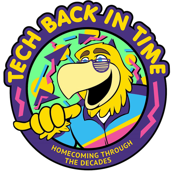 A cartoon of Awesome Eagle giving a wings up sign with his hand. He is dressed in an early 90s looking jacket and there are geometric shapes behind him looking like a common early 90s motif. The graphic reads "Back in Time: Homecoming Through the Decades"