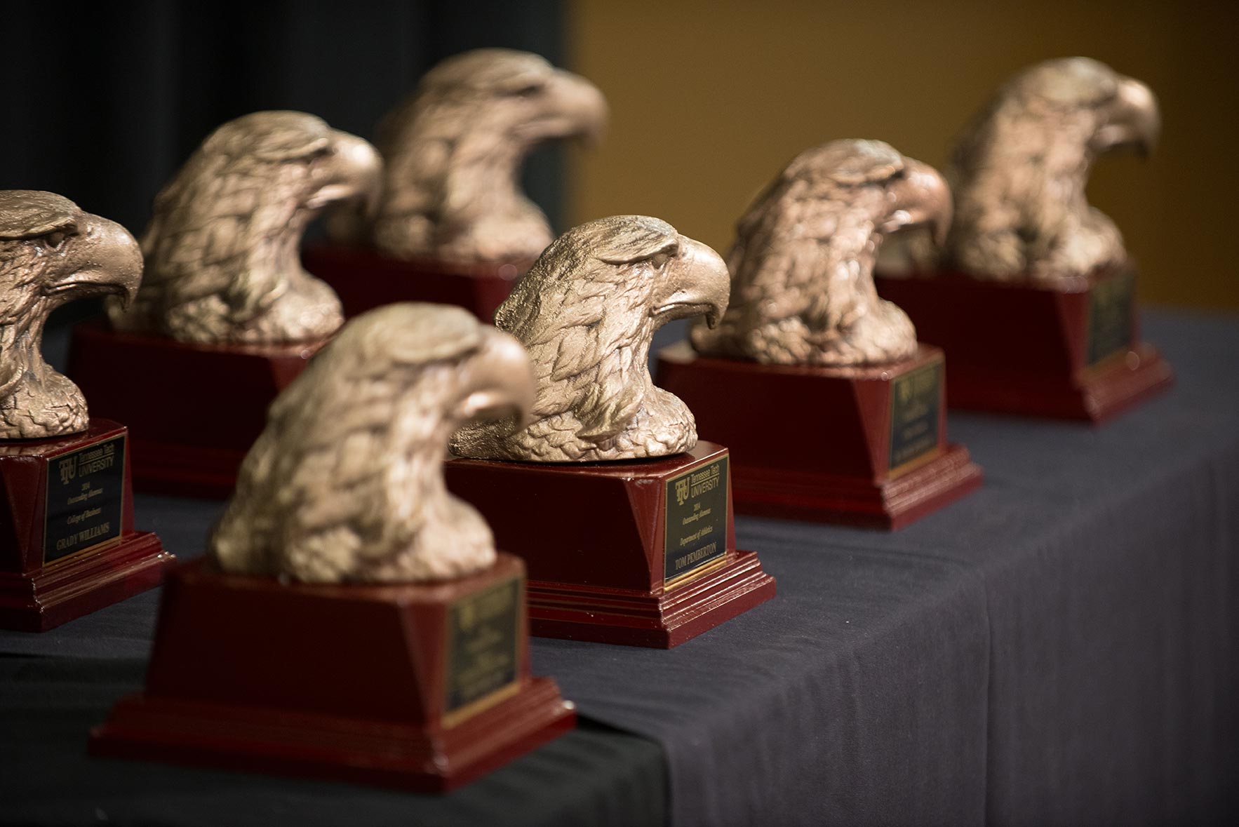 A row of alumni awards - golden eagle heads on wooden bases