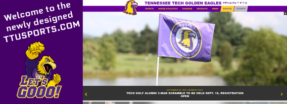 Header of new website - "Welcome to the newly designed TTUSPORTS.COM" There is an image of the flag for the golden eagle golf club.