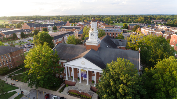 Drone photo of Derryberry Hall and the northern part of Tech campus.