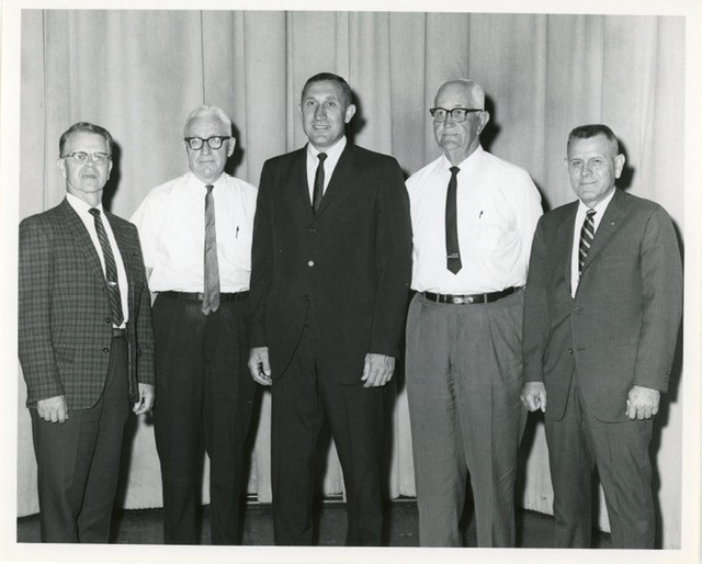 Photo from left: Leonard Crawford, Maurice Haste, John Oldham, Preston Overall, Malcolm Quillen, 1967. (Source: Tennessee Tech Archives)