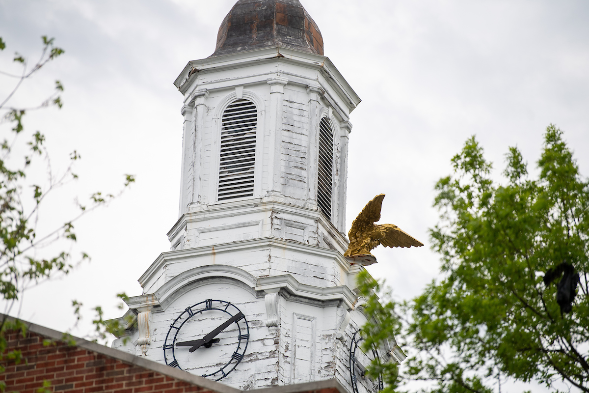 A photo of the weather- and time-worn cupola atop Derryberry Hall.