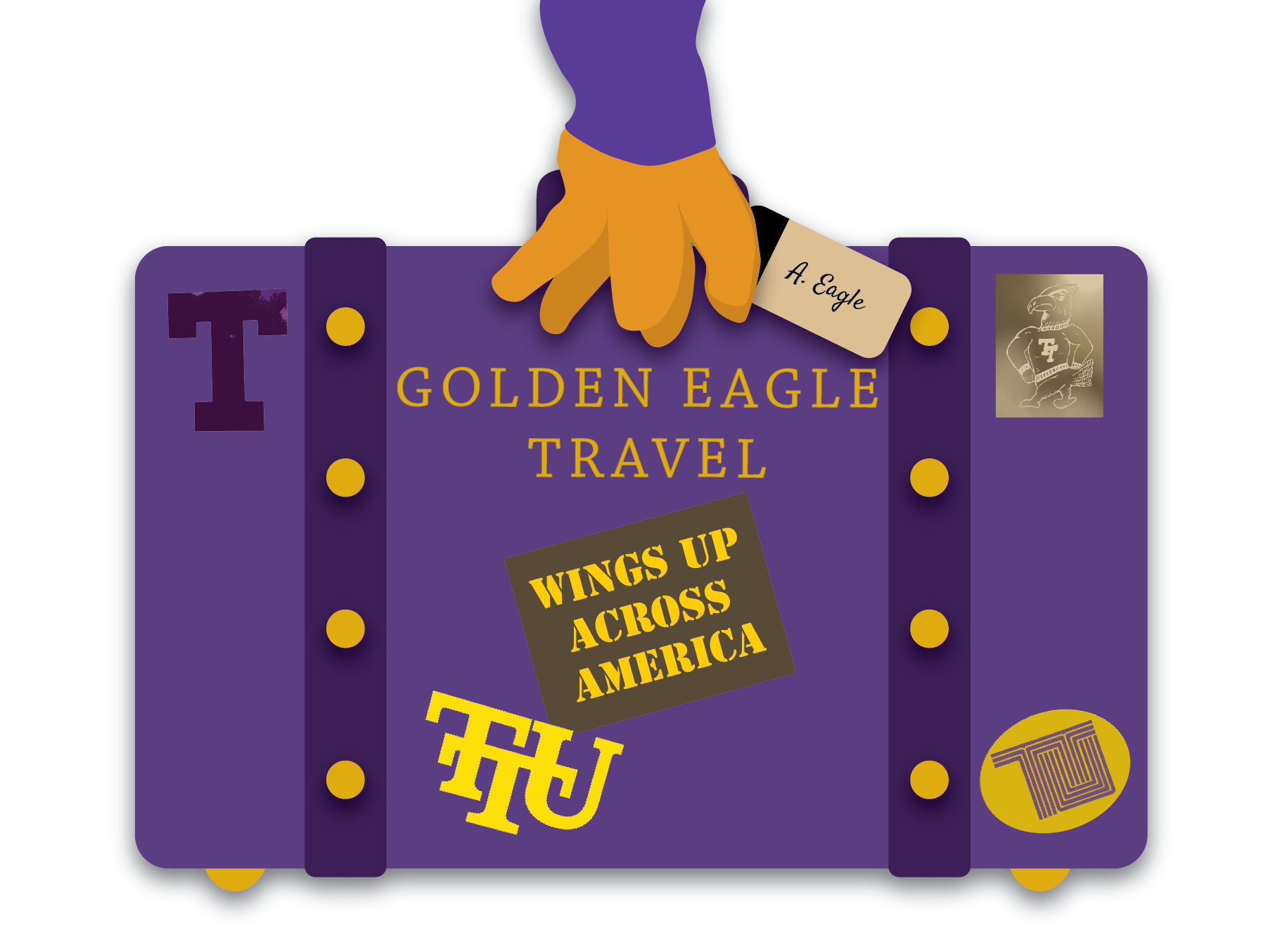 A purpe suitcase that reads Golden Eagle Travel