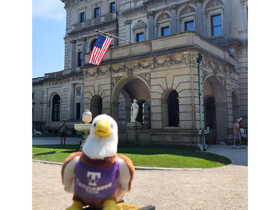 A plush animal of Awesome Eagle proped in front of a building with an American flag.