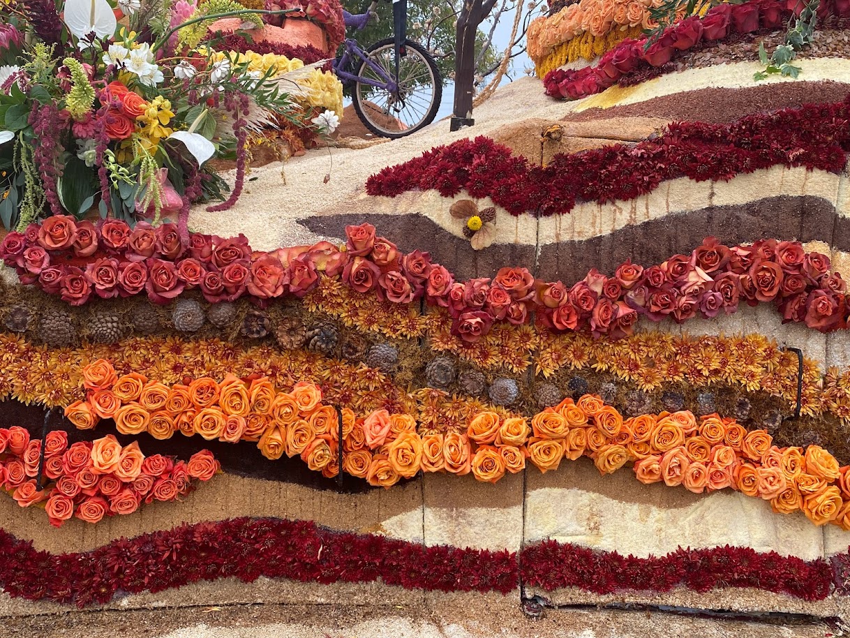 Close up of a float covered in roses.