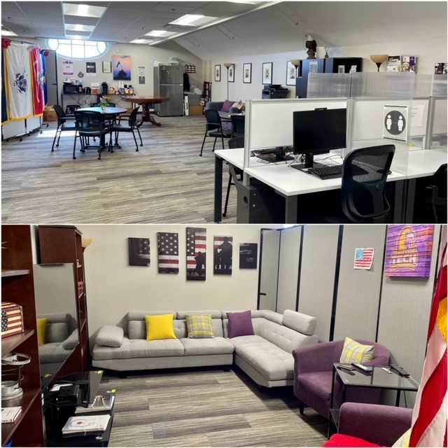 Collage of vet center main area and lounge