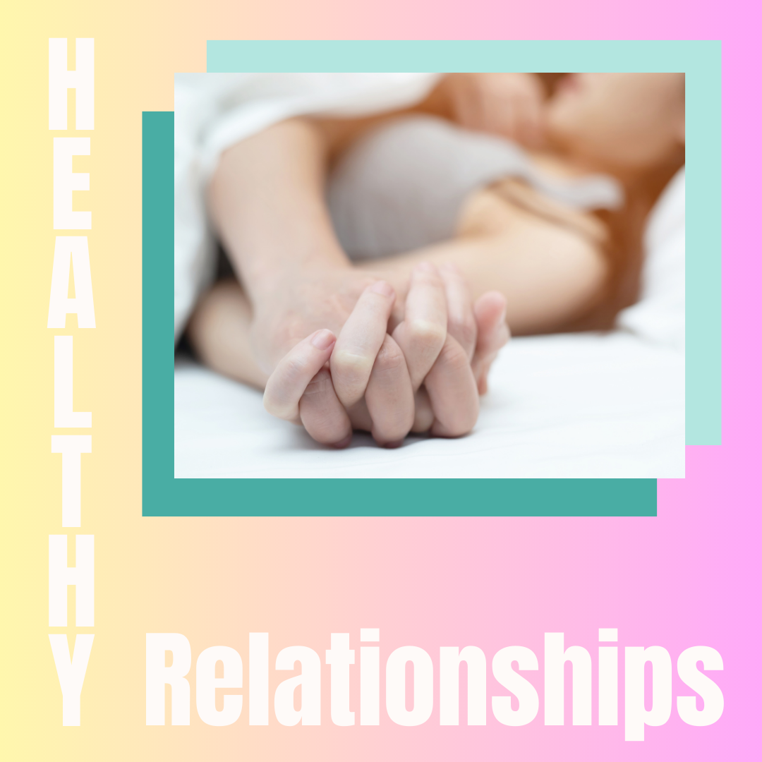 Healthy relationships with two people holding hands in bed