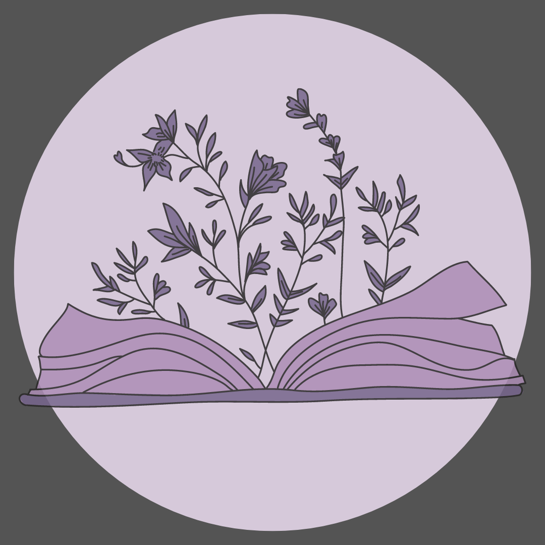 Symbolic image with purples emerging from a book.