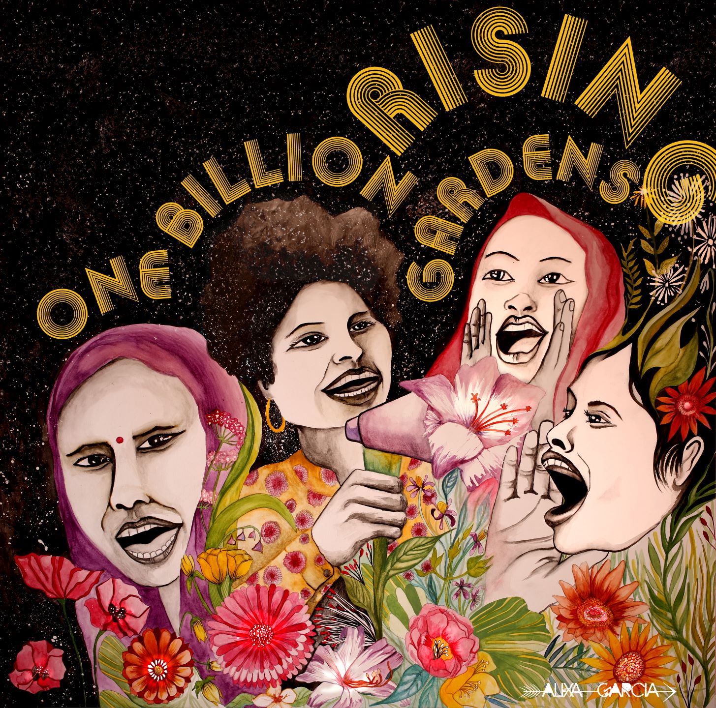 Decorative image of four women shouting for One Billion Rising